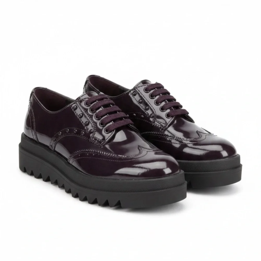 Zara Burgundy Patent Leather Platform Brogues - Size 7.5